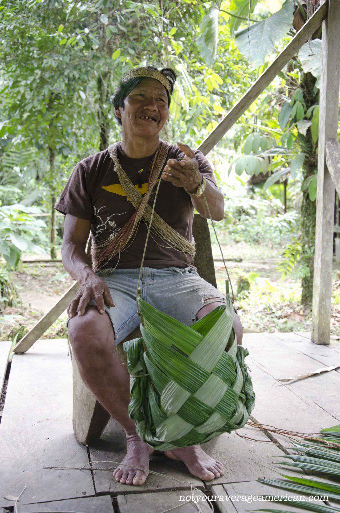 Our Huaorani guide, Bai, taught us how to make a basket that could be used for carrying freshly hunted meat or just harvested plants from the jungle.