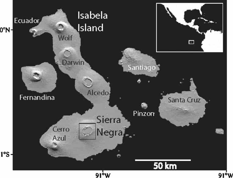 Map highlighting Sierra Negra on Isla Isabela in the Galapagos Archipelago | Instituto Geofíscico de Ecuador | http://www.igepn.edu.ec/ Map highlighting Sierra Negra on Isla Isabela in the Galapagos Archipelago | Instituto Geofíscico de Ecuador | http://www.igepn.edu.ec/